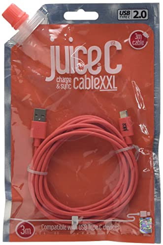 Juice USB Type C 3m Charger and Sync Cable for Samsung Galaxy S20, S10, S9, S8, S20 Plus, Huawei P30, P20, Sony, Apple Ipad 2020, Pro 2020, Air 2020 - Coral