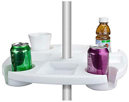 VALINK Venus Beach Umbrella Table Tray, 17 Inch Round Plastic Beach Umbrella Table Cup Holders Sun Umbrella Beer Drink Cup Stand Snack Storage Tray for Garden Swimming Pool - White