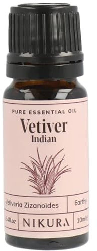 Nikura Vetiver (Indian) Essential Oil - 10ml | 100% Pure Natural Oils | Perfect for Study Focus, Perfume Base, Insect Repellent | Great for Self Care, Diffusers, Aromatherapy | Vegan & UK Made