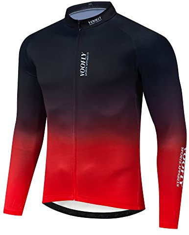 voofly Cycling Tops for Men, Long Sleeve Cycling Jersey Mens Riding MTB Bicycle Clothing Red Black M