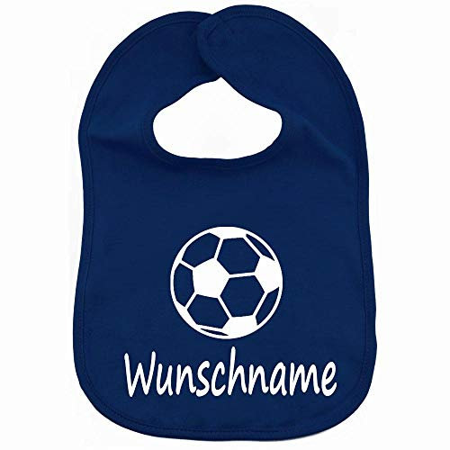 Elefantasie Lätzchen mit Name personalisiert aus 100% Baumwolle Babylätzchen doppellagiger weicher Stoff 38cm lang dunkelblau Motiv Fußball