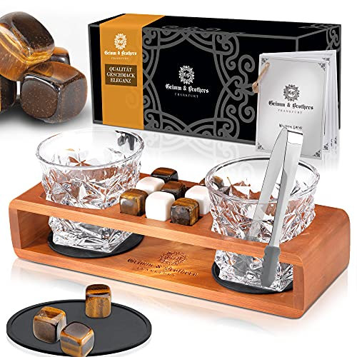 Grimm & Brothers: Whiskey Gläser Set - 2 Whisky Gläser mit Kühlsteinen - Whiskey Geschenke Männer- Tumbler- Whiskey Steine Set