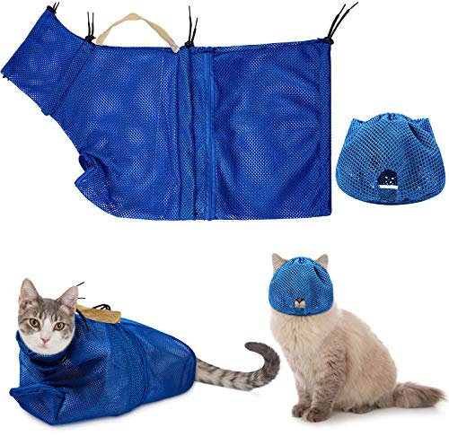 2 Stücke Katze Pflege Waschen Mesh Tashce Katze Maulkorb Atmungsaktiver Mesh Maulkorb Verstellbare Kätzchen Kratzfeste Katzen Rückhaltetasche Feste Tasche Katzen Badtasche (Blau)