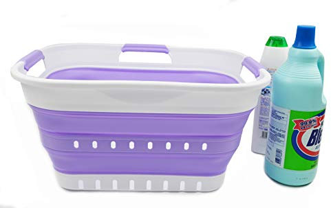 SAMMART Super Mini panier à linge pliable en plastique avec 3 poignées - 19 l - Boîte de rangement pliable - Panier peu encombrant (1, blanc/violet clair)