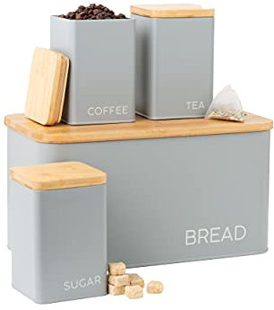 EHC Set of 4 Tea, Coffee, Sugar and Bread Storage Container Set With Lid - Grey