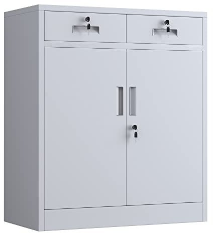 JINGUR Metal Storage Cupboard with Locking Doors and 2 Drawers, Lockable Storage Cabinets with Adjustable Shelf for Home Office and Garage (White)
