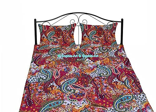 Sophia-Art Baumwolle Kantha Decke Bett Indische Handgemachte Paisley Druck Kantha Quilt Cover Sofa Cover Kantha Tagesdecke Bohemian Bettwäsche (Rot, Twin 6090 Zoll mit Sham Cover)