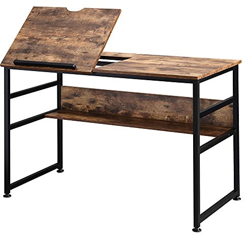 HOMCOM Mesa de Dibujo basculante, Escritorio de Ordenador de diseño Industrial - Tablero abatible, Estante - Tablero de partículas de Metal Negro con Aspecto de Madera Vieja