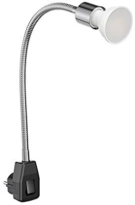 ledscom.de Steckdosenlampe LESCH Leselampe Schwanenhals, Schalter, chrom/schwarz + LED Lampe 450lm weiß