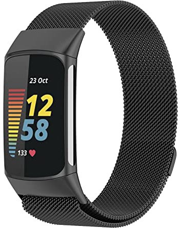 Für Fitbit Charge 5 Edition Edelstahlarmband Armbanduhrenarmband, Milan Mesh Uhrenarmband Magnetisches Metallarmband Ersatzteile Ersatzband Armbänder für Fitbit Charge 5 (Schwarz)