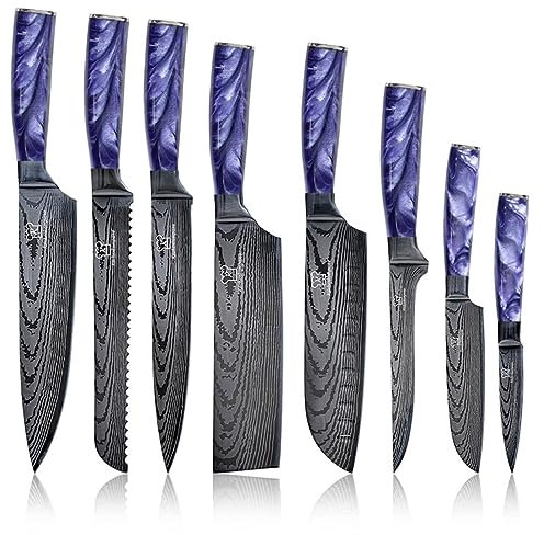 Küchenkompane – Edelstahl Messerset Pinku – 8-teiliges Küchenmesser Set im Damast-Design mit Epoxidharz Griff und Geschenkbox – Rostfreie & scharfe Messer – Designed in Germany