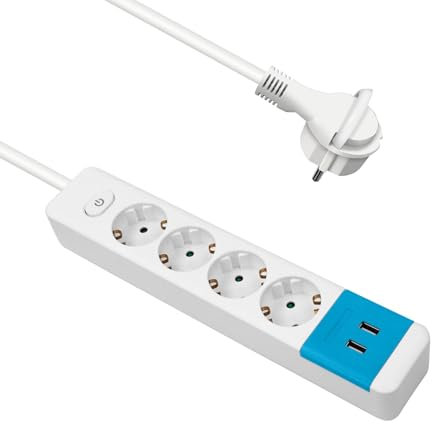 EXTRASTAR Regleta Enchufe con 4 Tomas y 2 Puertos de USB, Regleta con 4 Enchufes e Interruptor, 1.5 m, para El Hogar, La Oficina y Los Viajes, 3680W, 3G*1.0mm², 1pc