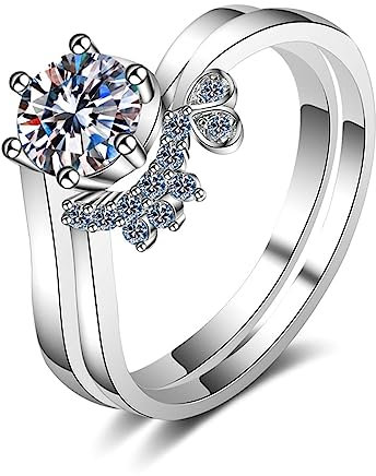 Ring Zirkonia, Damenring Silber 925 Weißer 6 mm Zirkonia Stein mit 6 Zinken Modische Eheringe Größe 53 (16.9)