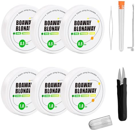 Premium Elastic String for Bracelets - 6 Rolls (3 x 0.5mm, 3 x 1.0mm) - Transparent Stretch Thread With Needles for Jewelry Making