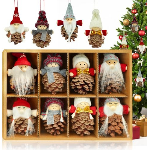 KAZATE Weihnachtswichtel Anhänger Christbaumschmuck, 8 Stück Tannenzapfen Wichtel Weihnachtsdeko Set, Weihnachtsbaumschmuck Kleine Wichtel Figuren Deko Basteln Vintage Anhänger