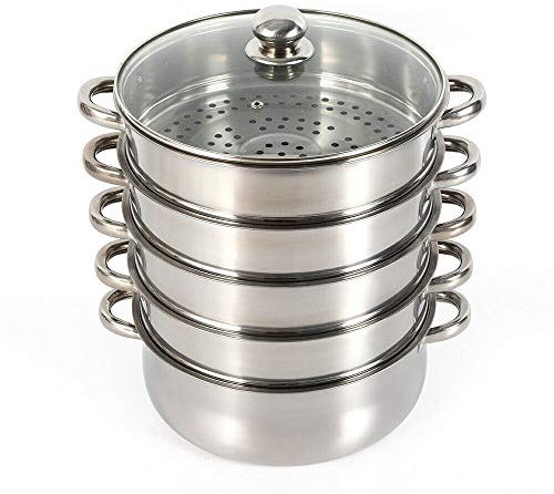 Vaporera de acero inoxidable de 5 capas, 30 cm, con tapa de cristal, juego de cocina, base plana, asas anticalor, color plateado