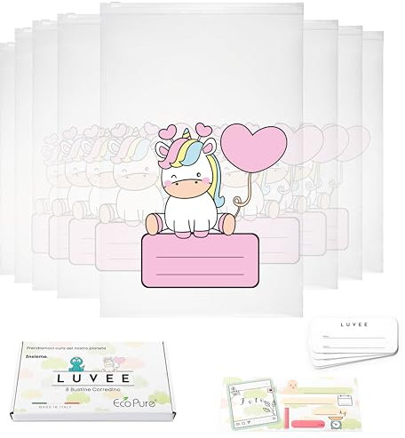 LUVEE 8 Bustine Corredino Neonato Ospedale con ETICHETTE ADESIVE - 100% Made in Italy - Sacchetti Cambio Neonato Ospedale Riutilizzabili per Asilo e Viaggi (Rosa)