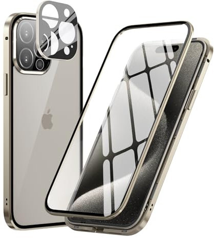 MIMGOAL 360 Grad Hülle für iPhone 15 Pro Max, Magnetische Adsorption Metallrahmen Ganzkörper Schutzhülle Vorne Hinten Gehärtetes Glas Transparente Full Case Dünn Handyhülle Cover,Titan Natur