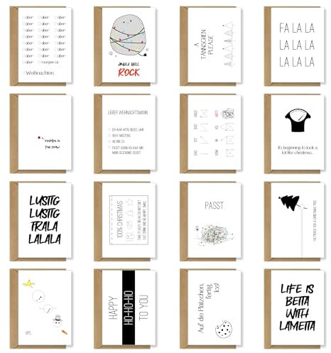 PuK Weihnachtskarten Set mit Umschlägen | 16 Weihnachtskarten DIN A6 | Lustige Postkarten mit weihnachtlichen Motiven | Weihnachtskarten-Set schlicht und lustig | schöne Weihnachtspostkarten