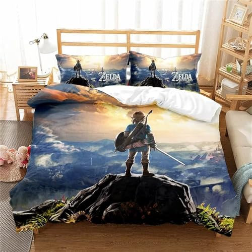 Tanacc 3D Drucken Zelda Bettwäsche Set 135x200,Microfaser Einzelbett 1 Bettbezug Mit Reißverschluss + 1 Kissenbezüge 80x80