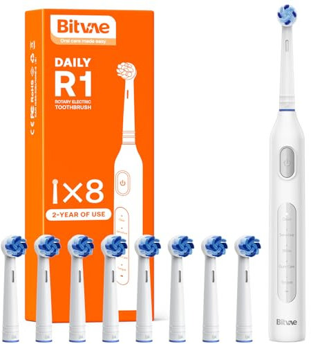 Bitvae R1 Rotating Electric Toothbrush for Adults and Kids with 60-Day Battery Life, 8 Brush Heads Rechargeable Power Toothbrush, 5 Modes, Brushing Timer, White