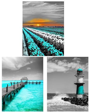 FKKJPJ Paisaje marino azul océano lienzo pintura impresiones moderno faro verde azulado atardecer costero puente paisaje imágenes para sala de estar 23x16in-50x41cmx3 con marco