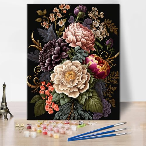 TISHIRON Peinture de fleurs par numéros avec pinceaux et pigments acryliques DIY peinture par numéros adultes pour la fête des mères cadeau salon chambre décoration 40 x 50 cm sans cadre
