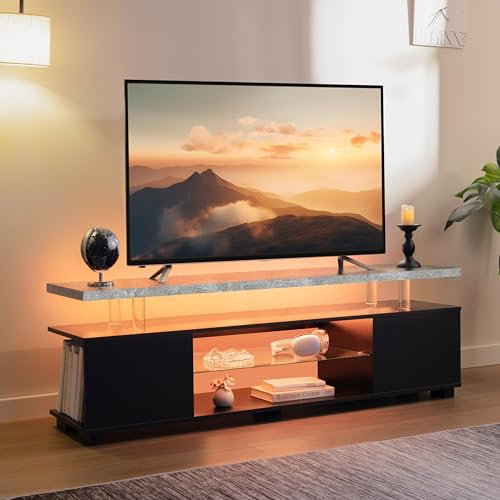 Cubehom TV Lowboard Schrank Fernsehtisch mit verstellbaren Ablagen Holz Schrank mit LED Beleuchtung für Wohnzimmer, Esszimmer und Schlafzimmer, Grau 130x40x48 cm