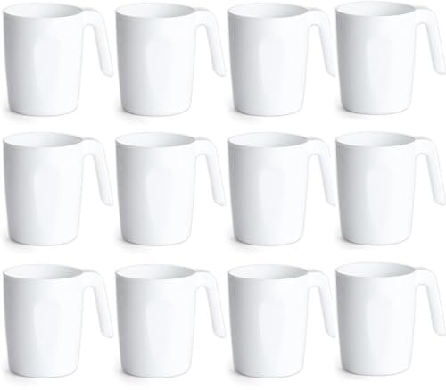 BSTMOME Plastic Coffee Mugs Set of 12, Multi-use Plastic Cups with Handles 15oz, Reusable Water Cup, Easy to Carry, Great for Home, Garden, Picnic, Camping, Outdoor (White)