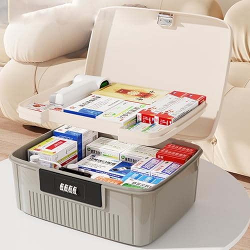 Medikamenten Aufbewahrung,Medizinbox Hausapotheke box with Combination Lock und herausnehmbarem Fach,Doppellagig Multifunción Aufbewahrungsbehälter Große Kapazität für Medikamente,Gadgets(Grau)