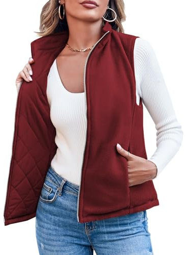 Imily Bela Reversible Weste Damen Kurz Fleece Softshell Steppweste Warm Ärmellose Jacke mit Reissverschluss Taschen (Weinrot, XL)
