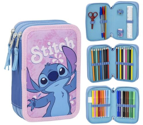 CARTOON Federmäppchen mit mehreren Fächern, 3 Reißverschlüssen, für die Schule, komplett mit Stiften, Bleistiften, Farben, Filzstiften, Stich, mäppchen