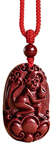 PAURO Homme Femme Collier de Rouge Foncé Pierres Précieuses avec Pendentif en Forme de Signe du Zodiaque Chinois avec Chaîne Singe