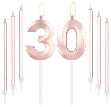 mciskin Rose Gold 30 Birthday Candles-Number 30 Candle for Cake with Long Thin Candles Set, Rose Gold Cake Topper for Women 30th Birthday Decorations Supplies,30th Wedding Anniversary Decorations