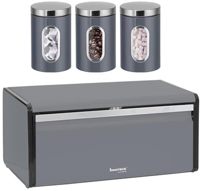 Innoteck Essentials Grey Breadbin and Window Canister Set - Stylish Metal Storage Solutions with Spacious Storage and Freshness Preservation - Set of 4 Includes Breadbin and 3 Canisters