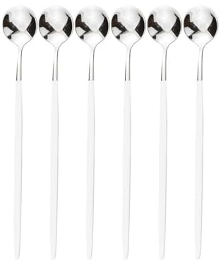 Flatware Set Red Silver Long Handled 304 Stainless Steel Cutlery Ice Cream Tea Spoons Mixing Spoon Dinnerware Tableware Kitchen Service Party Set 6 pieces Steak Knife Dinnerware(White silver)