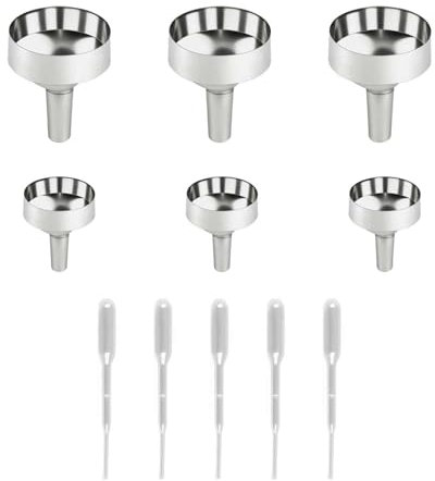 6 Pcs Stainless Steel Funnels Set, Silver Tiny & Mini Funnels with 5 2ml Plastic Droppers - Small Bottle Funnel for Mini Bottles, Wine, Cosmetics, Essential Oils, and Perfume (1.8cm + 2.5cm)