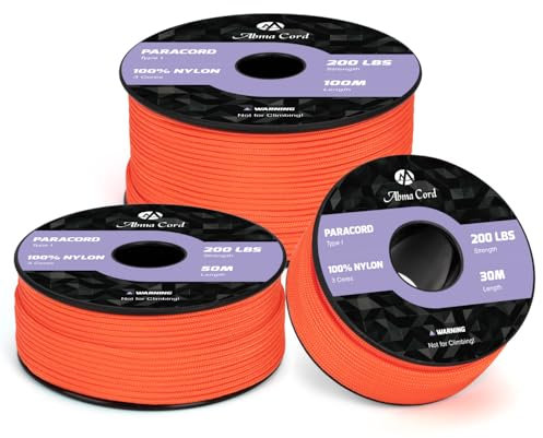 Abma Cord 2mm Paracord 30m Nylon Rope 3 Strands Type I Cord for DIY, Camping, Outdoor - Max. 90kg (200lbs) - Neon Orange