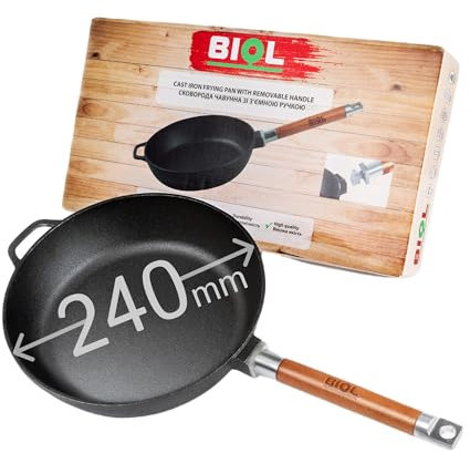 BIOL Poêle profonde en fonte avec manche en bois amovible de 24 cm pour induction, haute qualité, poêle universelle, rôtir, mijoter, cuisson facile