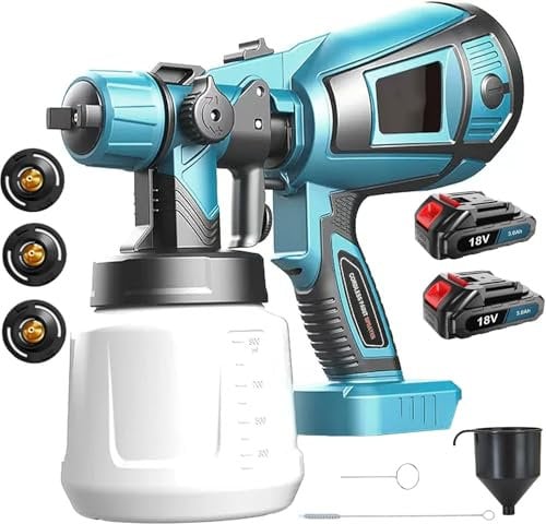 Cordless Paint Sprayer with 2 * 3000mAH Battery, HVLP Spray Gun Fence Paint Sprayer for Makita with 3 Nozzles & 1000ml Detachable Tank for Home Interior and Exterior