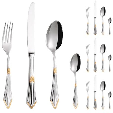 Manico in Rilievo Cucina in Acciaio Inox Argenteria Stoviglie Posate Set Posate Bistecca Coltello Forchetta Cucchiaio Cucchiaino (Argento Oro,16 pezzi)
