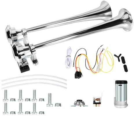 Madlife Garage 12V Super Laut Autohupe mit Kompressor,Autohupe 600DB, Doppelrohr Lufthorn Train,Air Horn Kit, Lufthorn Drucklufthorn,LKW Hupe Luft Horn für alle 12V Auto LKW PKW Boot Vans