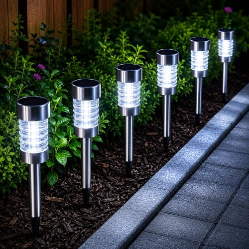 Fabulouz Solar Garden Lights, 6 Pack Glass Bollard Tops, Cool White LED | Stainless steel stakes, for outdoor pathways and driveways, automatic at night, rechargeable batteries included, easy setup