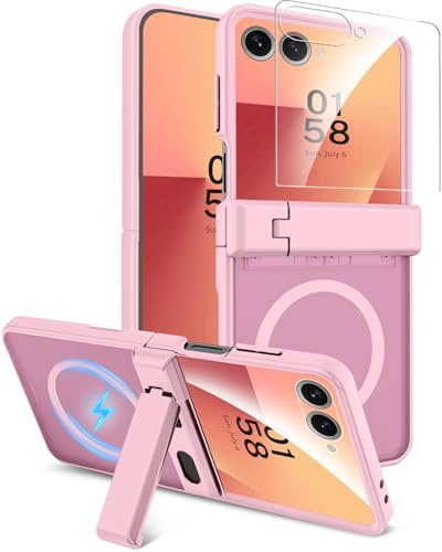 Miimall Case pour Samsung Z Flip 7, [Compatible avec Mag-Safe][Film Protecteur][Protection de Charnière][Béquille], Robuste Antichoc Anti-Rayures Rigide Magnétique Coque Z Flip 7 Femme (Rose)