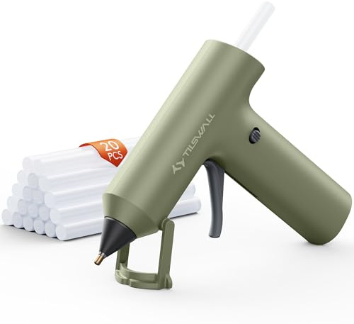 Tilswall Pistolet à colle sans fil W106S, chauffe 90 s, vert | Pistolet à colle chaude électrique, batterie 2000 mAh, 20 bâtons 7 mm, anti-goutte pour bricolage, DIY et loisirs créatifs