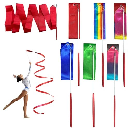LIPENS 6Pcs Gymnastics Ribbon 78.7 Inch Silk Dance Ribbons with 360° Universal Joint and Non-slip Ribbon Wands Gymnastics Equipment for Rhythmic Gymnastic Marching Band Circus in Dancing and Training