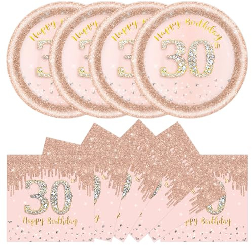 DHAIQC 50 Pcs 30th Birthday Paper Plates and Napkins Party Supplies, 7 Inch Rose Gold 30th Party Plates and Napkins Tableware Set for Women Girl Anniversary 30 th Birthday Decorations (30th)