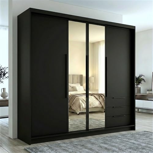 A&J MöbelLand VIVO Kleiderschrank 4-türig mit Spiegel und Schubladen – 200 x 215 cm – Drehtürenschrank mit Kleiderstange und Einlegeböden
