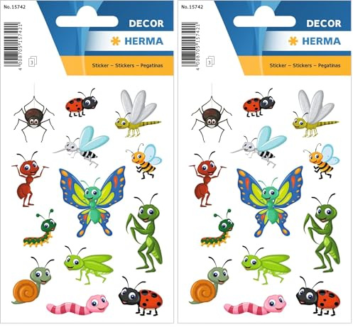 HERMA 15742 Aufkleber Insekten klein, 39 Stück, Tiere Sticker mit Spinne Libelle Raupe Schnecke Marienkäfer Wurm Fliege Motiv, Kinder Etiketten für Fotoalbum Tagebuch Scrapbooking Deko DIY Basteln