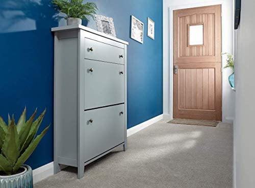 GFW Wooden Hallway Storage Organiser Cupboard Stores Up to 12 Shoes. Slim Entryway Cabinets for Home, Oak, Grey, H108.5cm x W80cm x D25cm